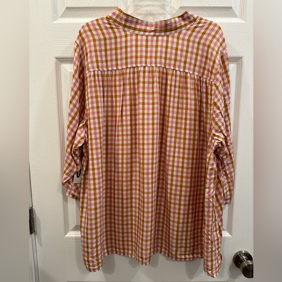 New Old Navy Orange Plaid Top Womens 3x Long Sleeve Tie V Neck Career Light - Picture 2 of 5